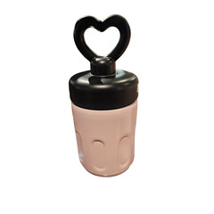 Cute plastic drink bottle with heart-shaped handle isolated on white background