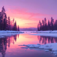 Fototapeta premium Frozen lake at sunset, smooth ice reflecting pink and purple winter sky, frosted trees in background, serene minimalist composition