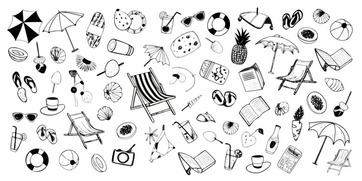A collection of hand drawn summer items and beach accessories in monochrome