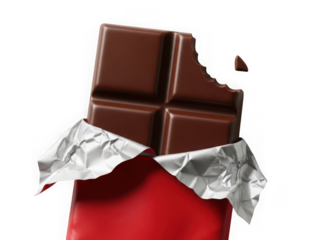 Bitten dark chocolate bar with red wrapper and foil isolated on transparent background