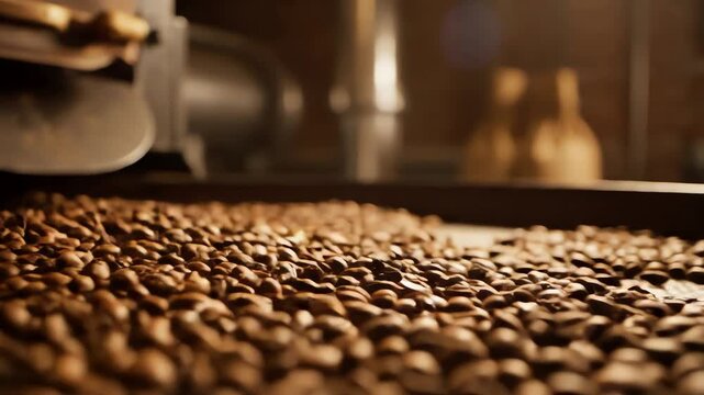 Close up shot of freshly roasted coffee beans tumbling and falling from a coffee roaster machine
