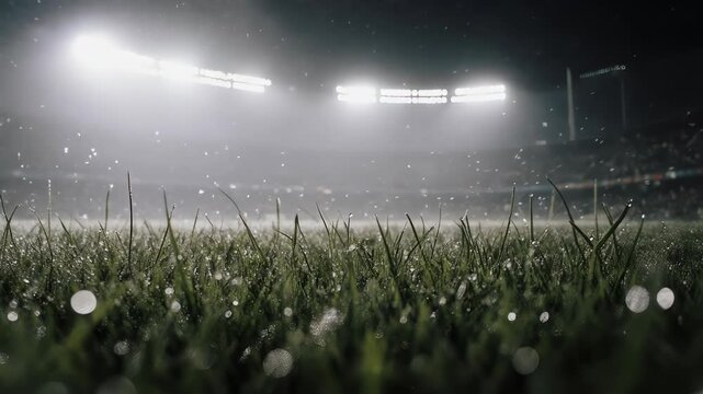 Close-up of dewy grass on a stadium field under bright stadium lights. Heavy rain and fog