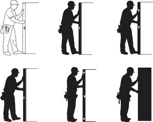 Six different style illustration of construction worker installing door frame, black silhouette carpenter adjusting door alignment, handyman builder vector design art