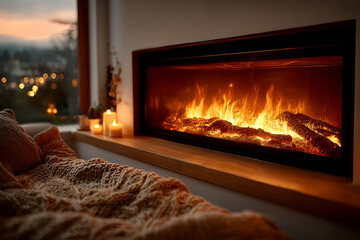 Luxury modern  big fireplace in the living room, evening time 