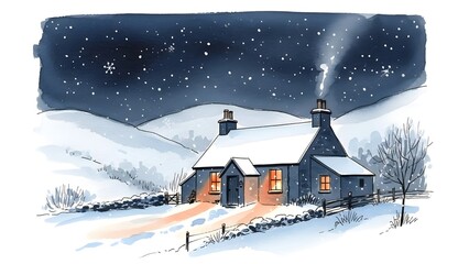 Fototapeta premium Snowy nighttime scene of a cozy cottage