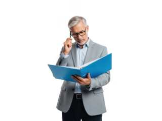 Senior man in a suit reading a document and adjusting his glasses isolated on transparent background