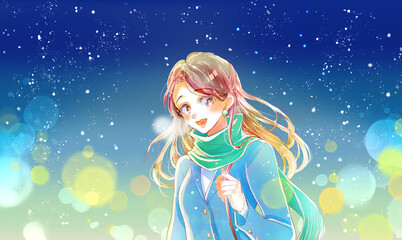 外出する女性　冬　夜　雪