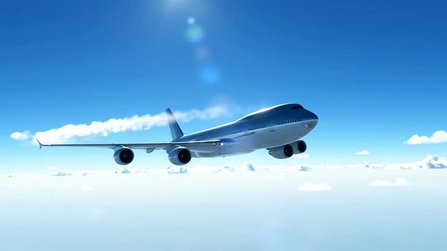 Cinematic aerial view of a four-engine jumbo jet soaring through a sunlit sky over a sea of clouds, representing global travel and aviation.