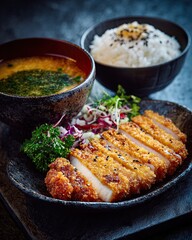 Crispy Japanese Tonkatsu Pork Cutlet Set with Rice, Miso Soup and Fresh Salad on Wooden Table
