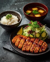 Crispy Tonkatsu Pork Cutlet Served with Steamed Rice, Miso Soup and Japanese Salad, Authentic Asian Cuisine