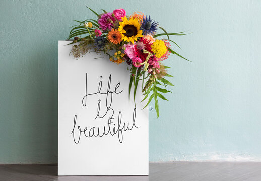 Floral Sign Board Mockup With Inspiring Message PSD