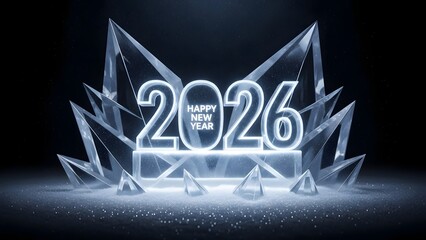 Happy new year 2026 text composed of glowing ice-like numbers surrounded by shattered ice crystals on dark background