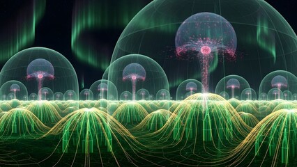 Abstract image of transparent domes and vibrant green and red glowing forms under an aurora borealis sky