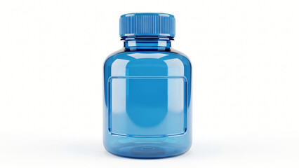 a bottle of blue liquid on a white background