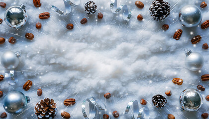 Christmas ornaments and nuts on white cloudy background with space for copy text, flatlay with christmas baubles and xmas tree decoration, frame for marketing or website, copy space in center