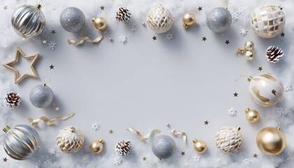 Silver and golden christmas ornaments on white background with space for copy text, flatlay with christmas baubles, stars and xmas tree decoration frame for marketing or website, copy space for text