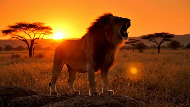 A majestic male lion roars powerfully while standing on a rock in the African savanna at golden sunset.