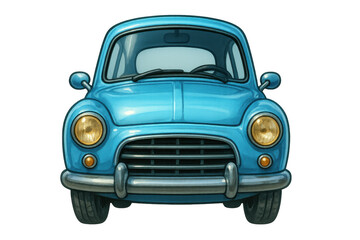 Blue cartoon vintage car or retro automobile front view, drawing with classic style featuring old transportation