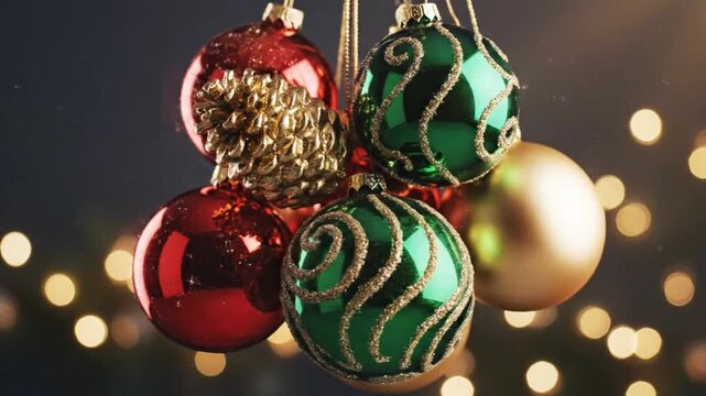 Vibrant Christmas baubles in red, green, and gold with sparkling details against a dark, bokeh-lit backdrop, evoking a festive holiday spirit.