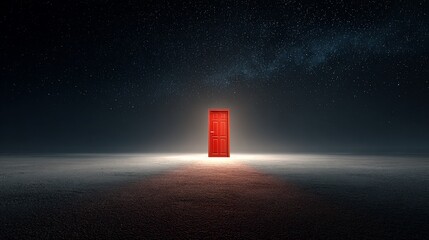 Red door glows beneath vast starlit sky, on concrete ground, surreal scene
