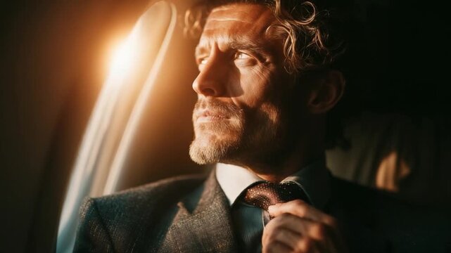 Man Adjusting Tie in Private Jet Lounge