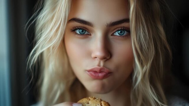 Young woman enjoys a delicious cookie indoors with natural light shining through the window in a cozy setting