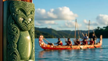 Waitangi Day celebration with Maori waka canoe on water and greenstone carving detail in New Zealand.