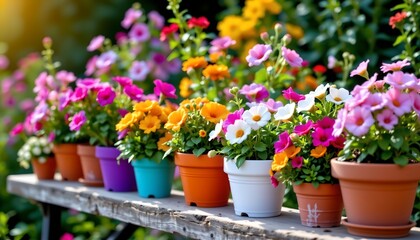 Fototapeta premium Colorful Flower Pots Rustic Garden Bench