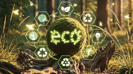 Moss Sphere with Eco Icons on Weathered Wood in a Lush Forest with Soft Lighting Representing Ecological Balance Environmental Awareness and
