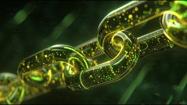 Animated close-up of a futuristic, glowing digital chain. The links are made of a translucent, golden-yellow material resembling liquid metal or luminous glass, with a smooth, shiny surface.