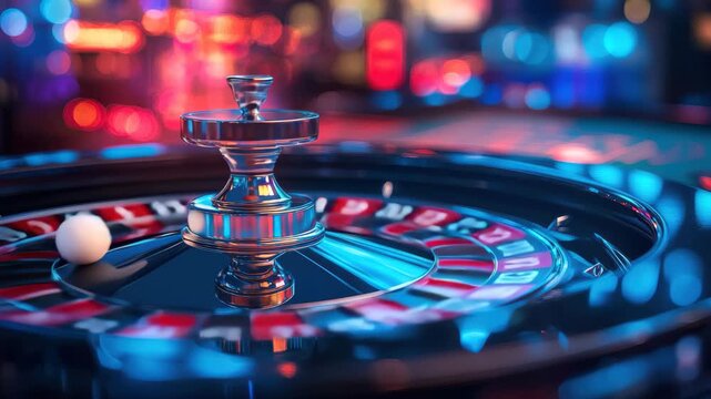 Colorful casino baccarat table with vibrant lights and gaming chips seen up close in an entertaining nightlife atmosphere