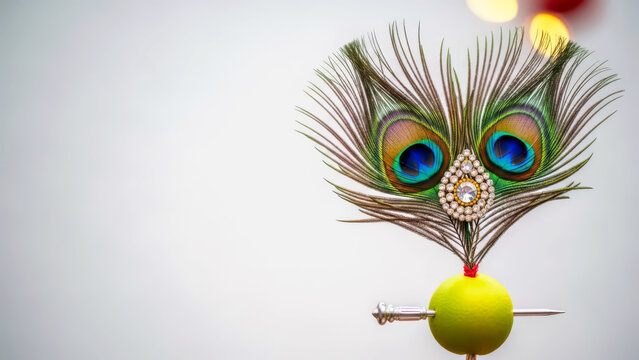 Thaipusam festival concept with sacred peacock feathers, lemon and silver vel spear on neutral background with bokeh.