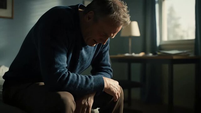 Man deeply praying in a dimly lit room with hands clasped in solemn contemplation