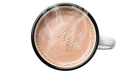 Top view of steaming hot chocolate in a white mug isolated on transparent background