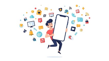 A cheerful man holds a large smartphone surrounded by an explosion of diverse app icons, symbolizing mobile connectivity, digital services, social media, and online communication.