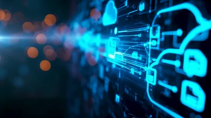 Glowing blue digital cloud icons flowing through abstract data tunnel with motion blur - Powered by Adobe