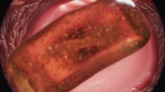 Realistic CGI Animation of Amber Pill Capsule Partially Obstructing a Person's Airway with Pink Tissue and Close Up View Anatomical Style in Soft