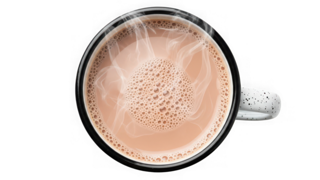 Top view of steaming hot chocolate in a white mug isolated on transparent background - Powered by Adobe