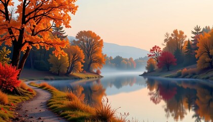 Tranquil Autumn River Scene Dawn with Mist and Reflections