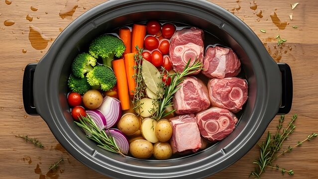 Crock Pot Filled with Raw Meat and Fresh Vegetables for Stew slow cooker ingredients