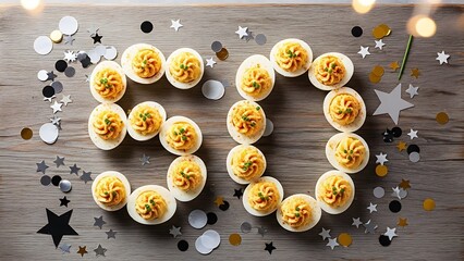 Deviled Eggs Arranged in the Shape of the Number 50 with Confetti