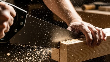 Carpenter cutting wood with electric saw in workshop