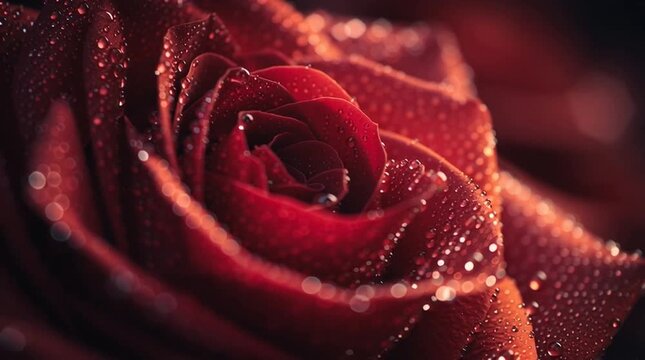 A macro close-up of a beautiful red rose in bloom featuring delicate petals covered in romantic dew drops and crystal clear water for a nature-inspired Valentine gift