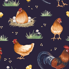 Seamless pattern of a poultry yard on a dark background. Vintage watercolor illustrations depicting brown hens, rooster, chicks, nest and grass. Realistic bird drawing for agriculture, packaging