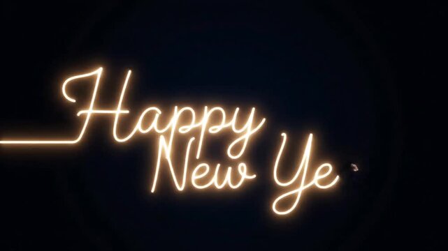 Glowing orange neon script elegantly spells out happy new year text in cursive style against a deep black background perfect for holiday greetings and festive digital media.