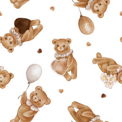 Seamless pattern with Watercolor Cute Teddy Bear Holding balloon and heart. Repeat ornament with Valentine Brown bear toy with vintage Jabot collar and daisy. Illustration hand drawn on isolated.