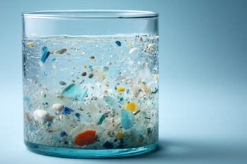 Microplastics and debris in a glass of water
