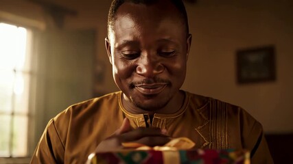 Man beaming with joy opening a colorful gift box with a ribbon