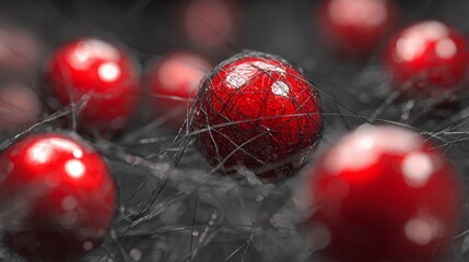 Red glossy spheres trapped in a gray web, shallow focus on the central sphere