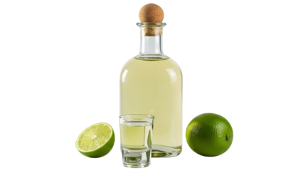 Bottle of tequila isolated on transparent background with lime